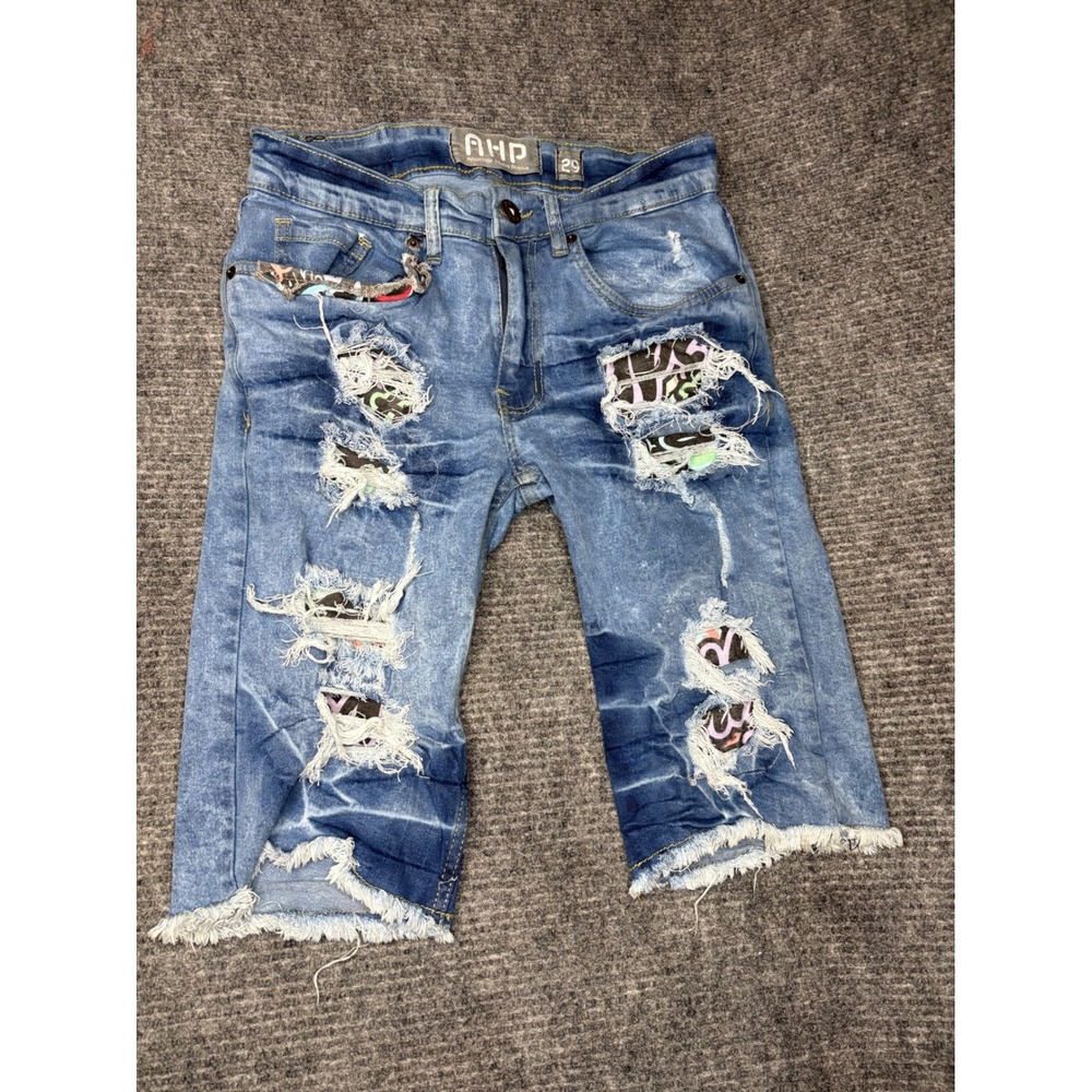 Y2K Distressed Patchwork Denim AHP Shorts Ripped Streetwear Jean Shorts Size 29